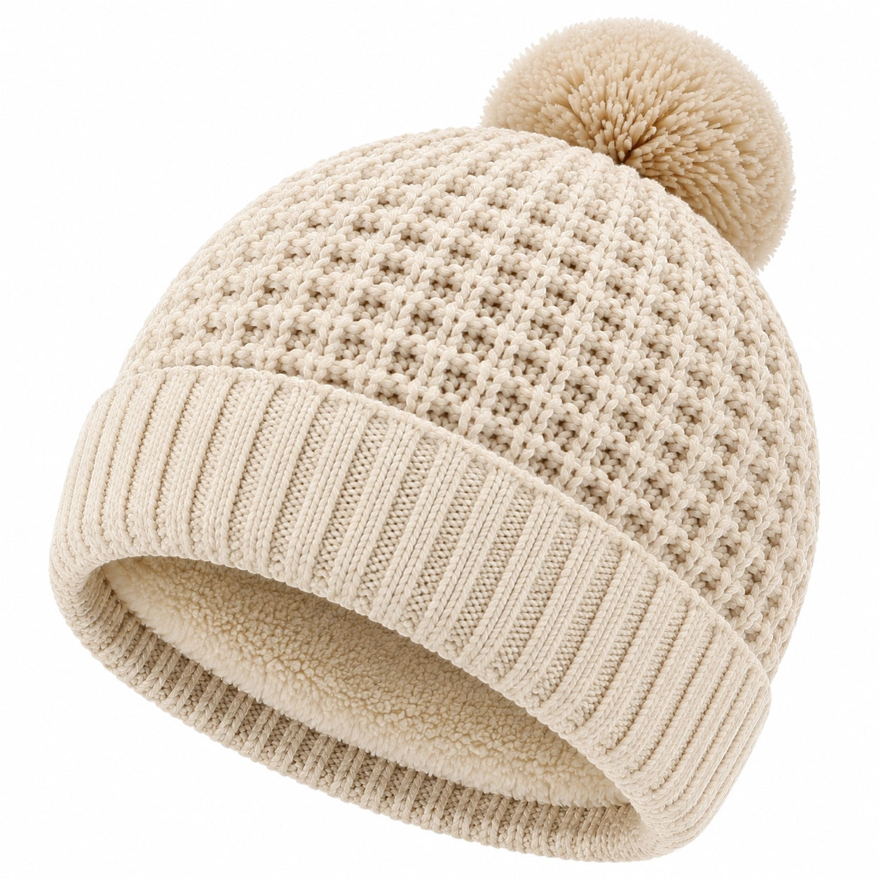 Gorro de punto talla única beige con pompón y forro suave para invierno