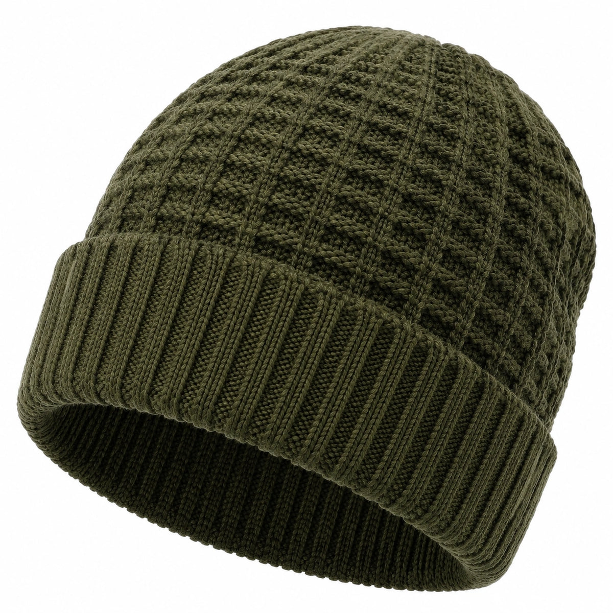 Gorro de punto talla única verde oliva - diseño trenzado con vuelta acanalada