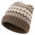 Gorro de punto talla única beige marrón con estampado geométrico y borde doblado