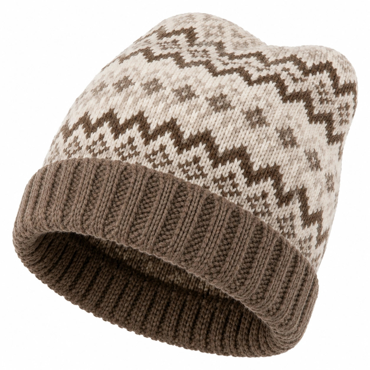 Gorro de punto talla única beige marrón con estampado geométrico y borde doblado