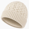 Gorro de punto talla única beige con forro afelpado y diseño trenzado