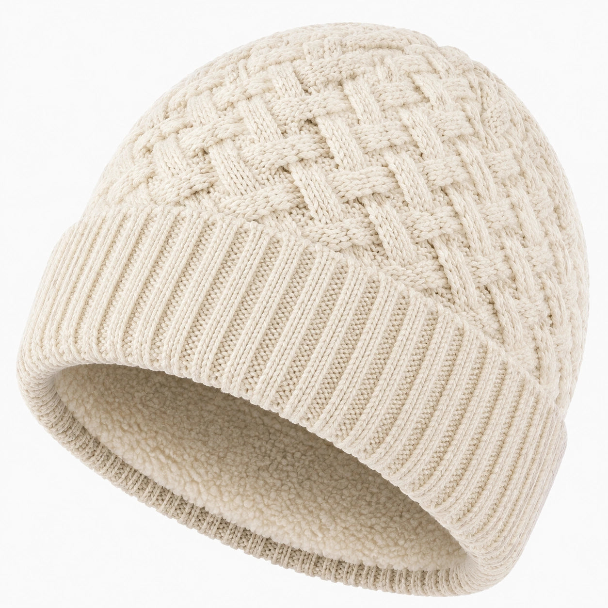 Gorro de punto talla única beige con forro afelpado y diseño trenzado