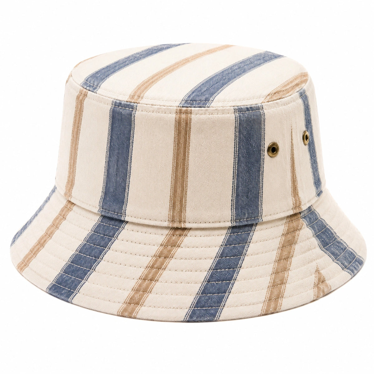 Sombrero bucket talla única de tejido beige azul y marrón a rayas para uso diario con ojales de ventilación