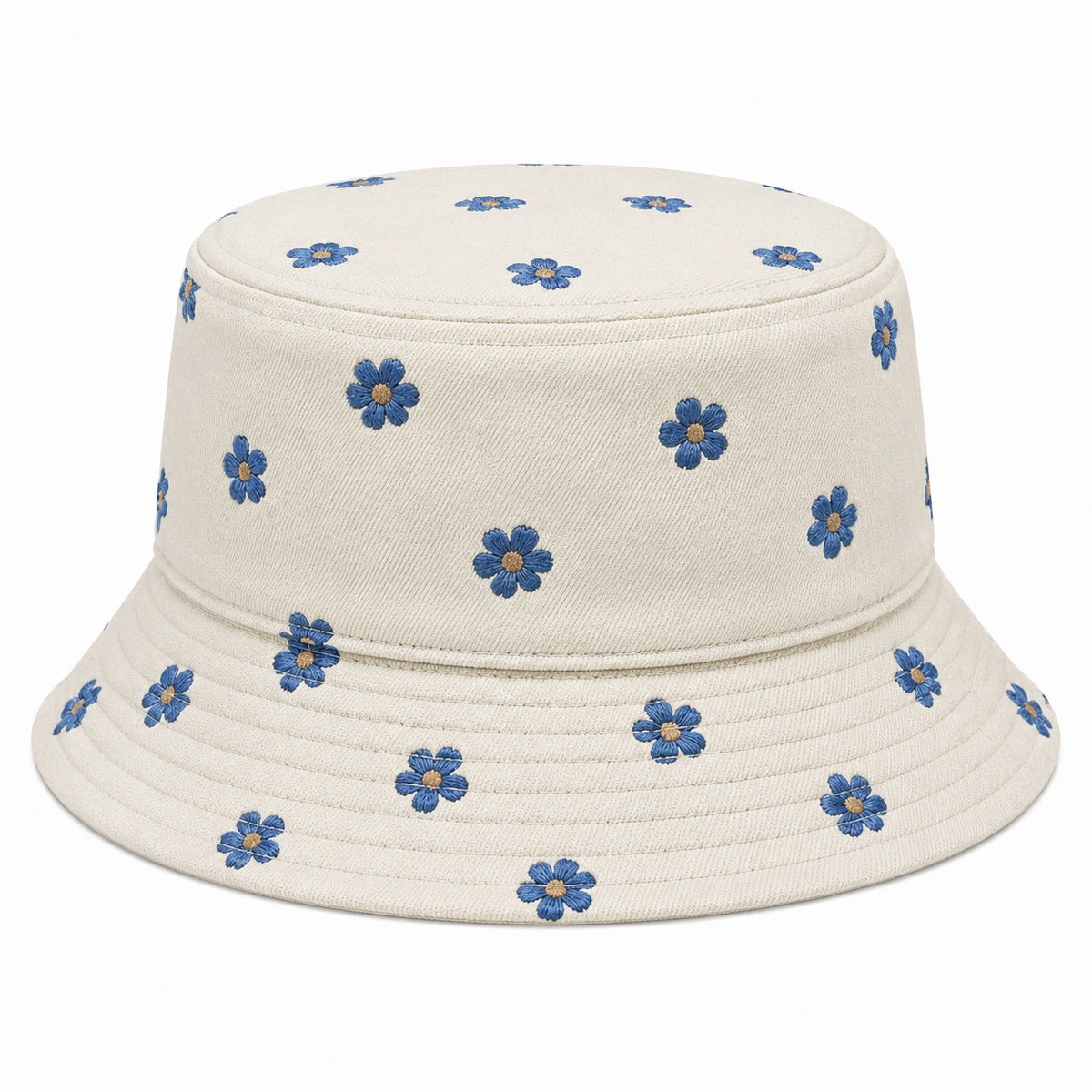 Sombrero pescador talla única de tejido beige con flores azules bordadas
