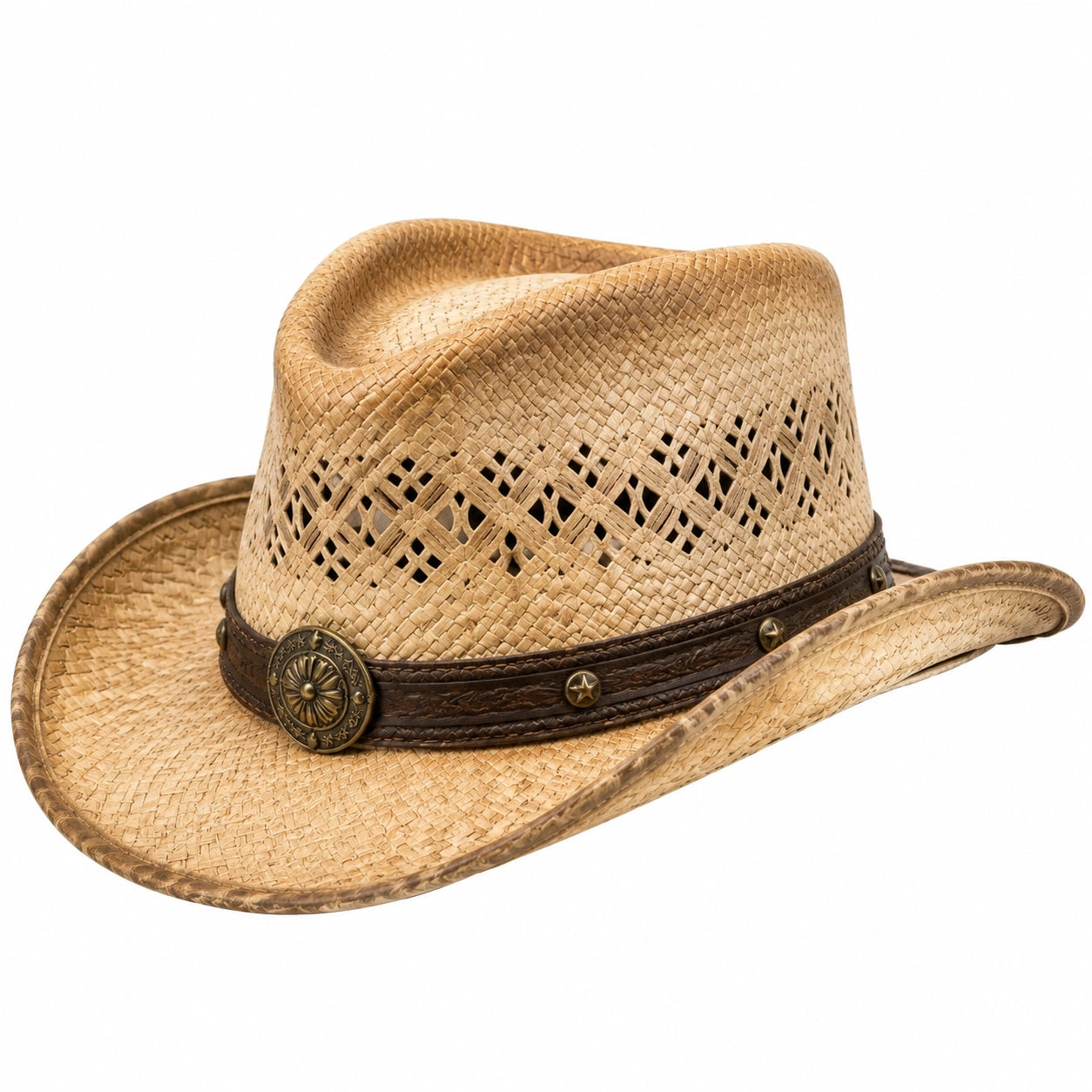 Sombrero cowboy talla única de fibra trenzada beige con banda marrón estilo western