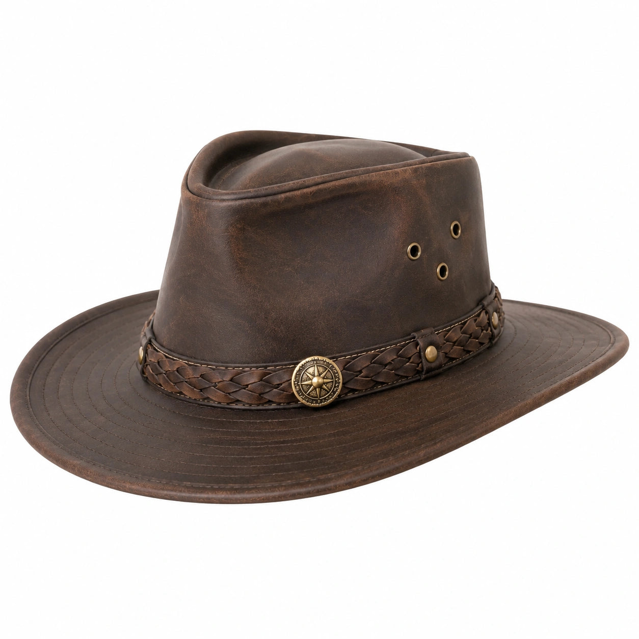 Sombrero vaquero talla única de material sintético marrón con ala ancha y cinta trenzada