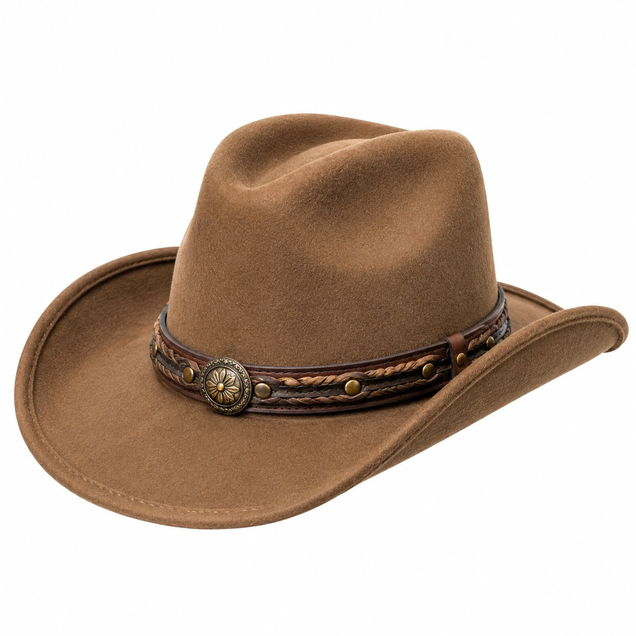 Sombrero vaquero talla única marrón con acabado tipo ante y banda trenzada estilo western