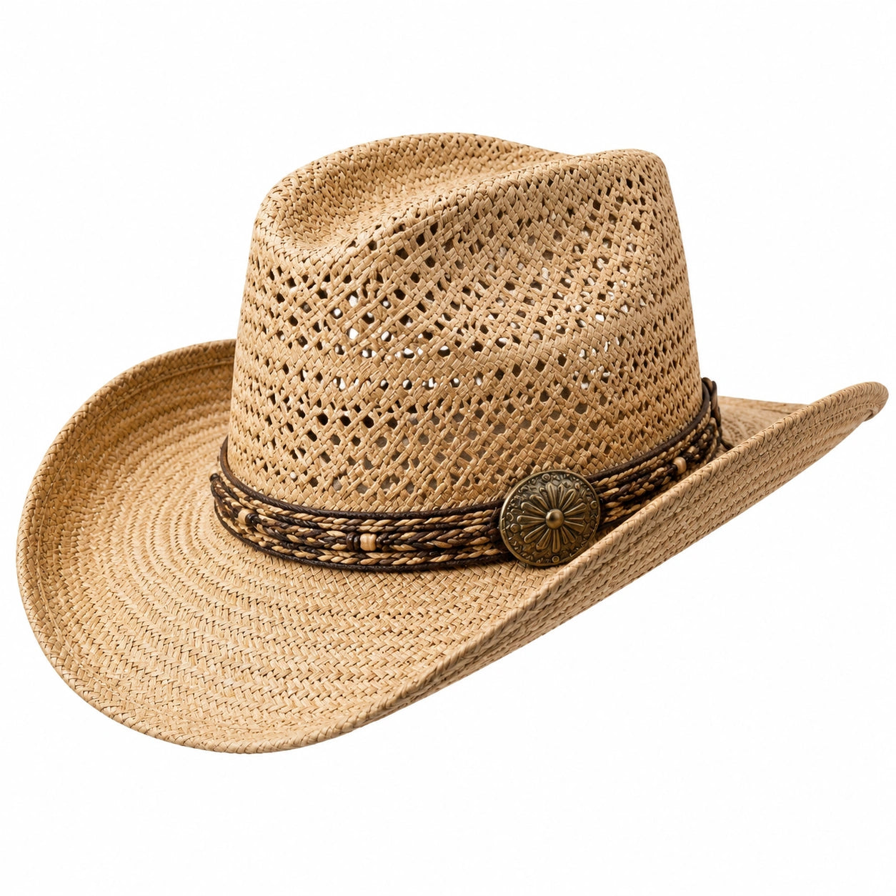 Sombrero cowboy de talla única en paja beige con banda trenzada